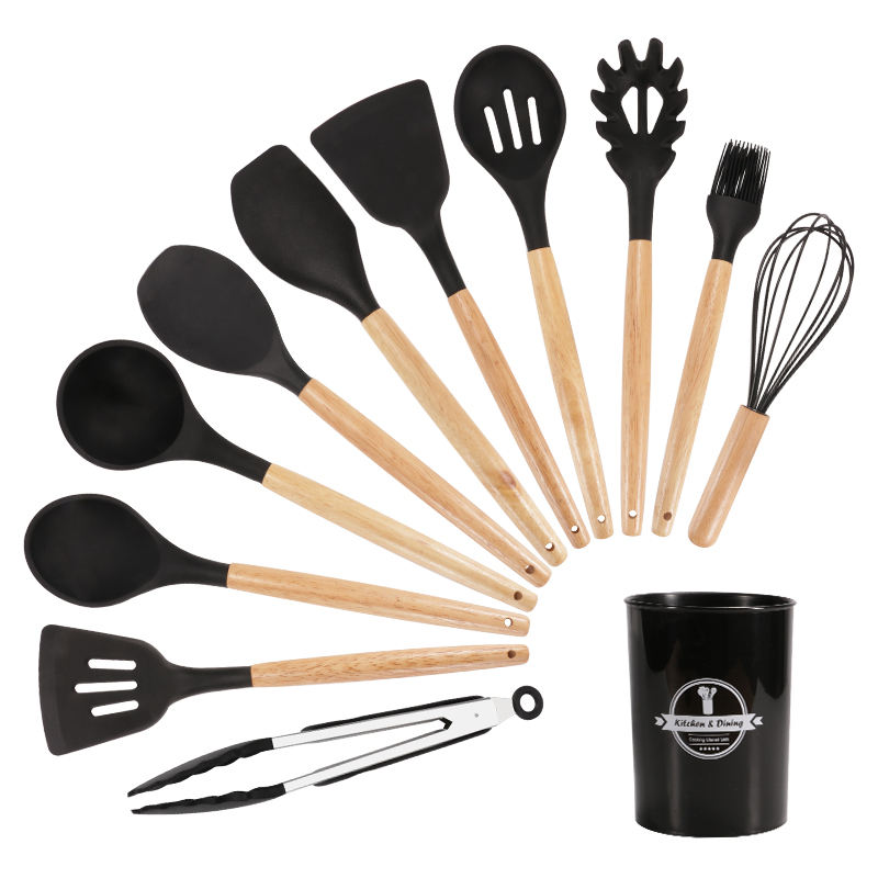 12-Piece Food Safe Silicone Kitchen Utensils with Wooden Handles - Black