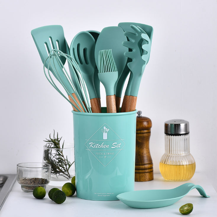 12-Piece Food Safe Silicone Kitchen Utensils with Wooden Handles - Green