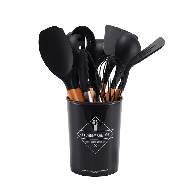12-Piece Food Safe Silicone Kitchen Utensils with Wooden Handles - Black