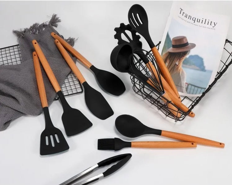 12-Piece Food Safe Silicone Kitchen Utensils with Wooden Handles - Black