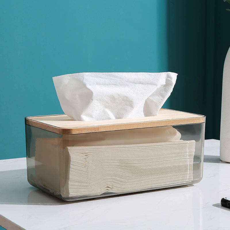 Plastic Transparent Tissue Box with Wooden Cover - Gray