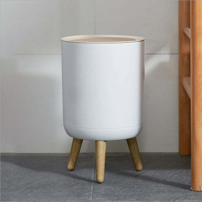Plastic Trash bin with Pop Up Cover & Wooden-Styled Legs