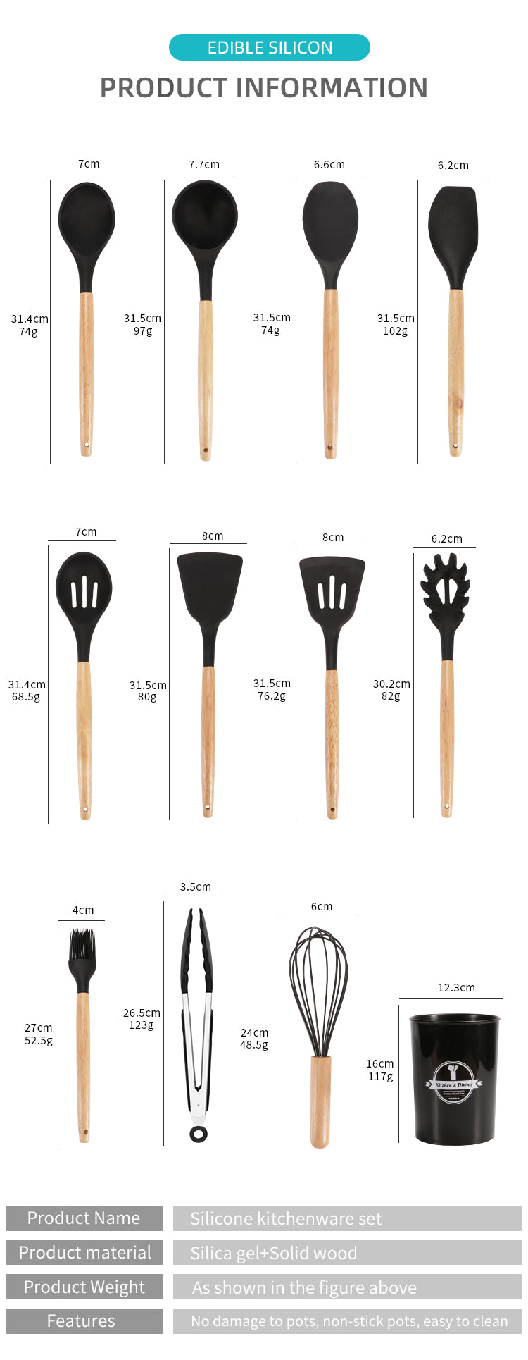 12-Piece Food Safe Silicone Kitchen Utensils with Wooden Handles - Black
