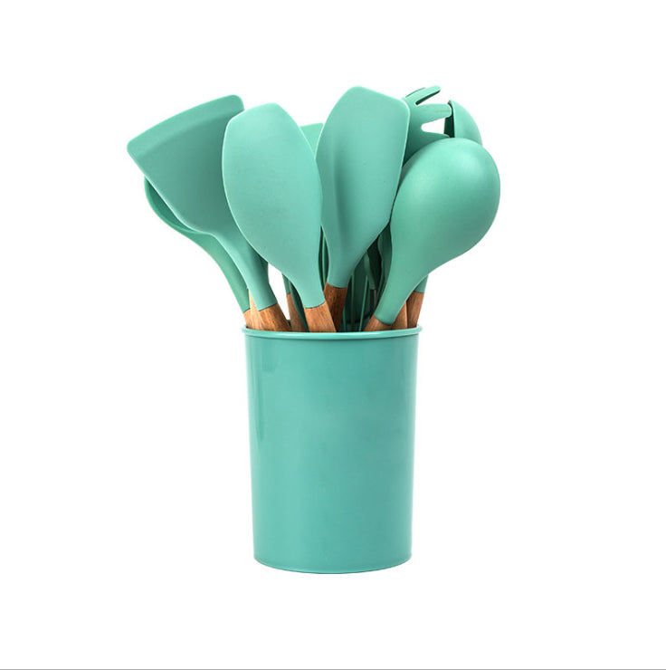 12-Piece Food Safe Silicone Kitchen Utensils with Wooden Handles - Green