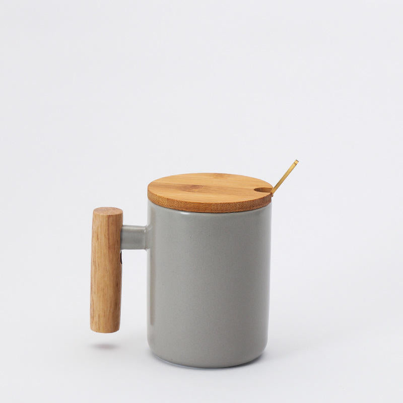 Ceramic Mug with Wooden Lid and Spoon - Gray