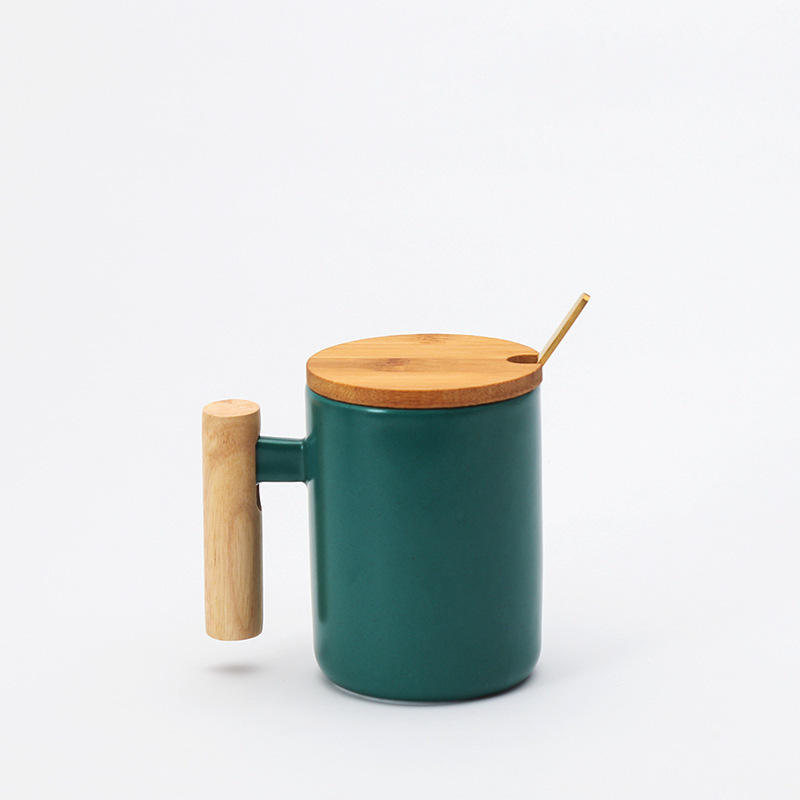 Ceramic Mug with Wooden Lid and Spoon - Green
