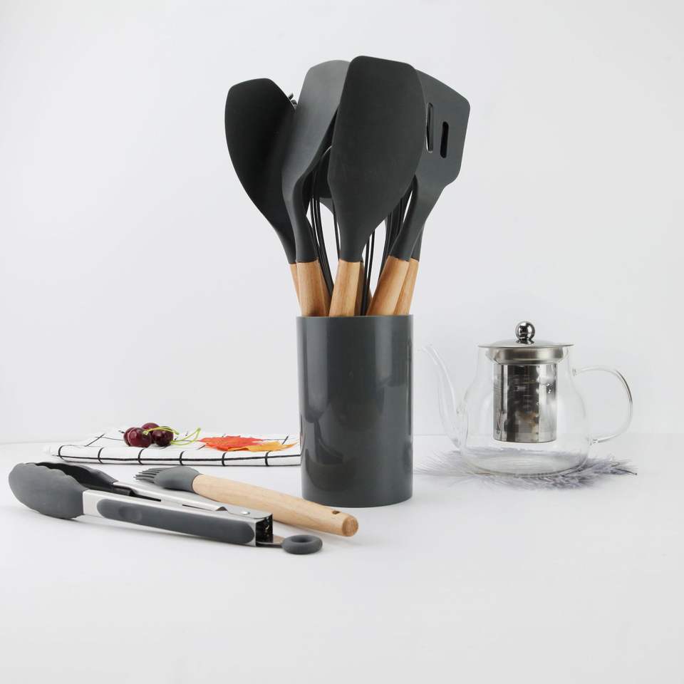 12-Piece Food Safe Silicone Kitchen Utensils with Wooden Handles - Gray