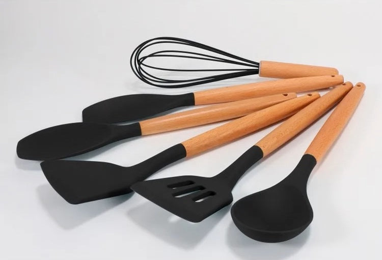 12-Piece Food Safe Silicone Kitchen Utensils with Wooden Handles - Black