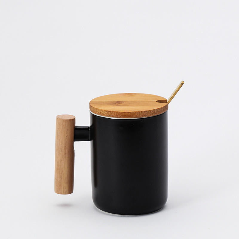 Ceramic Mug with Wooden Lid and Spoon - Black