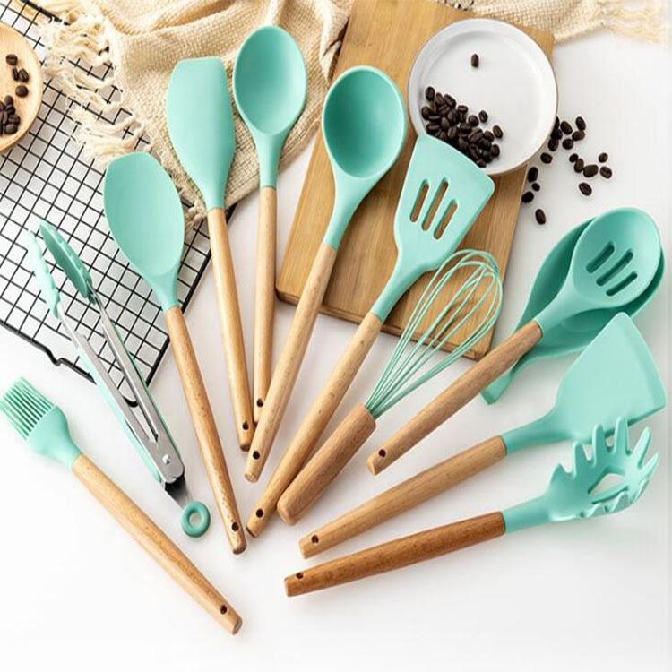 12-Piece Food Safe Silicone Kitchen Utensils with Wooden Handles - Green