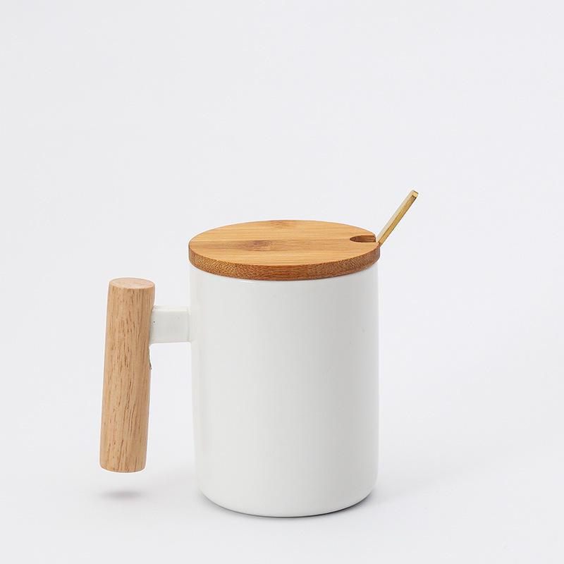 Ceramic Mug with Wooden Lid and Spoon - White