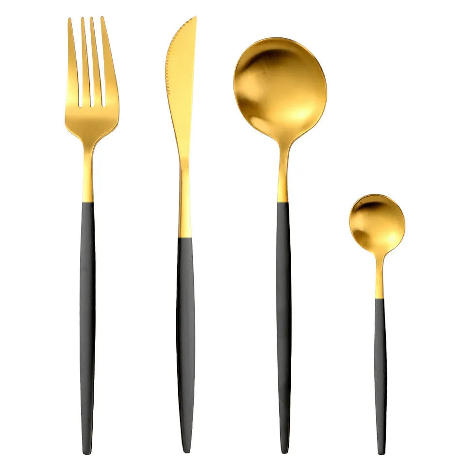Sleek Cutlery Set - Gold with Black Handle
