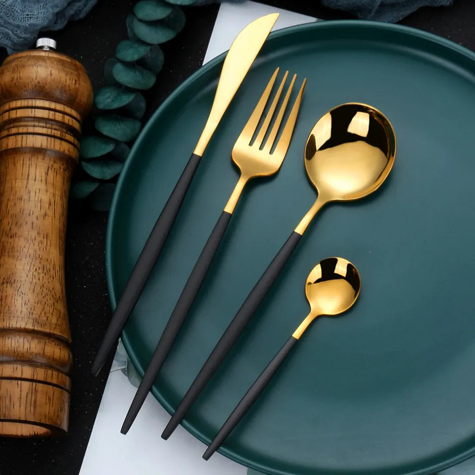 Sleek Cutlery Set - Gold with Black Handle