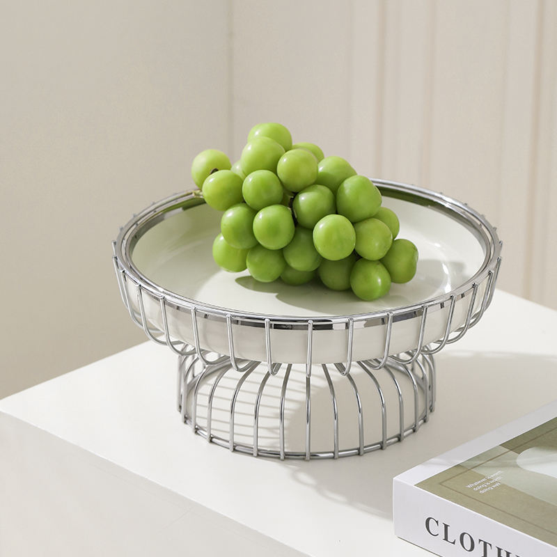 Ceramic Fruit Plate with Silver Metal Stand