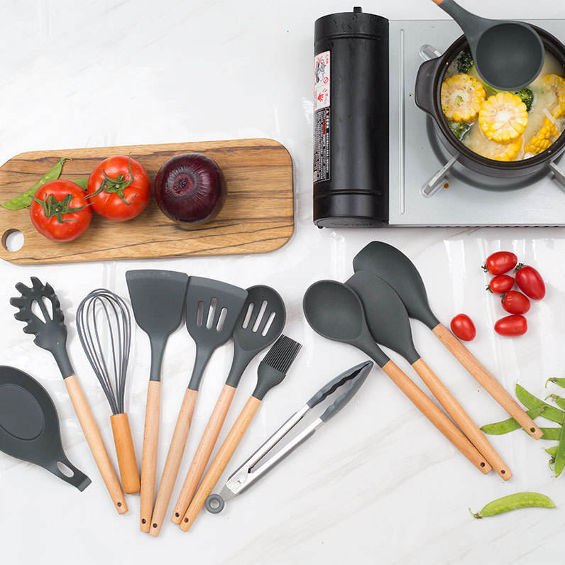 12-Piece Food Safe Silicone Kitchen Utensils with Wooden Handles - Gray
