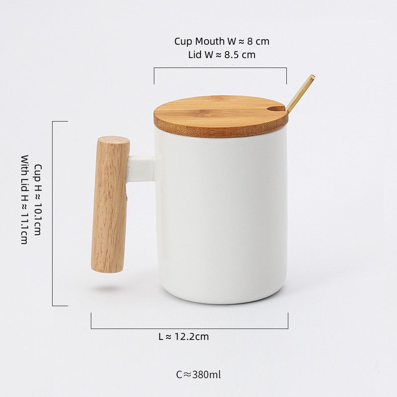 Ceramic Mug with Wooden Lid and Spoon - White