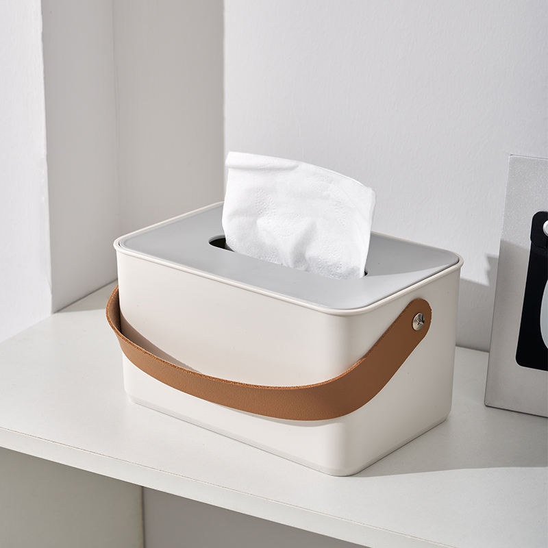 Plastic Tissue Box with Leather Handle