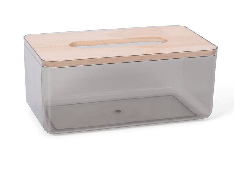 Plastic Transparent Tissue Box with Wooden Cover - Gray