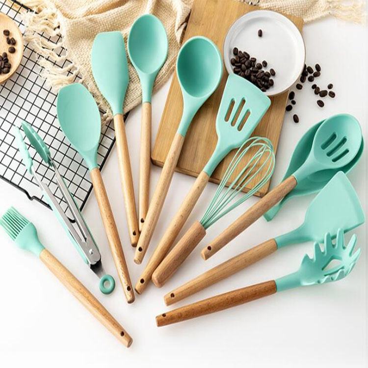 Silicone Kitchenware Set With Wooden Handle, Kitchen Silicone