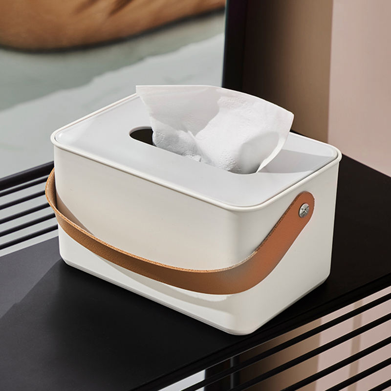 Plastic Tissue Box with Leather Handle