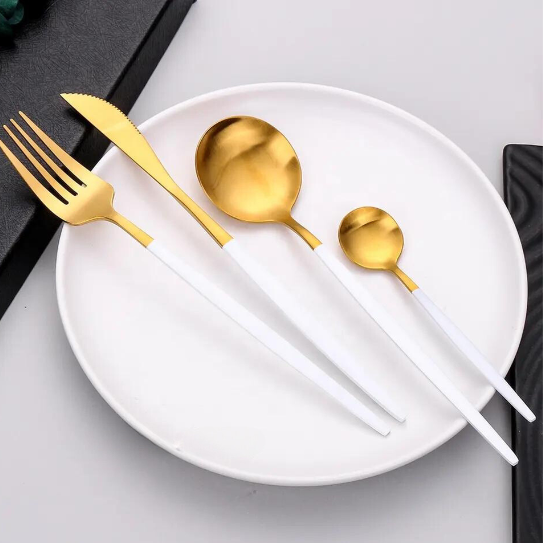 Sleek Cutlery Set - Gold with White Handle